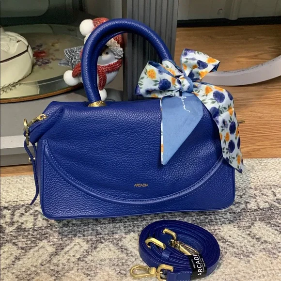 Arcadia Leather Domed Satchel - Dione qvc NEW Royal blue pebbled - Picture 3 of 9